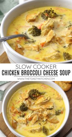 two bowls of slow cooker chicken broccoli cheese soup