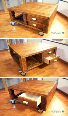 this coffee table is made out of wood and has wheels on the bottom for storage