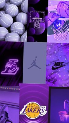 a collage of different sports related items and logos on purple background with basketballs