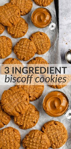 three ingredient biscuit cookies with peanut butter in the middle and one cookie on top