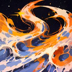 an orange and blue swirl with stars in the background