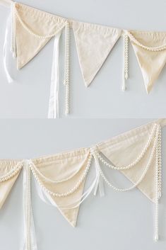 two pictures of the same fabric banner with tassels