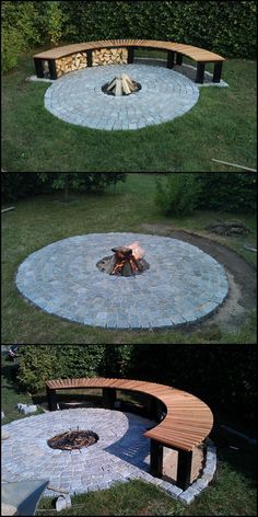 an outdoor fire pit with benches around it