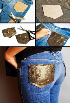 four pictures showing how to sew jeans with gold sequins on the pockets