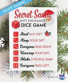 the secret santa gift exchange game is on display next to pine cones and snowflakes