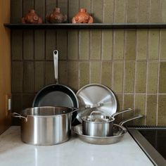 pots and pans are sitting on the kitchen counter