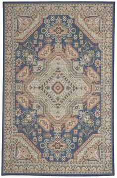 a blue and beige rug with an intricate design