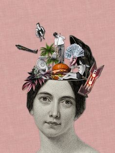 a drawing of a woman's head with many things on top of her hair