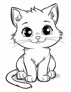 a cartoon cat with big eyes sitting down and looking at the camera, black and white