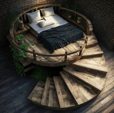 a bed sitting on top of a wooden spiral staircase next to a brick wall and floor