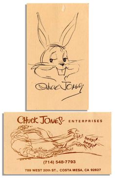 two wooden business cards with an image of a rabbit on one side and the words chuck jones on the other