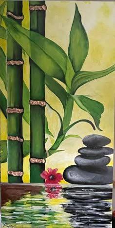 a painting of rocks and bamboo in the water with red flowers on it's side