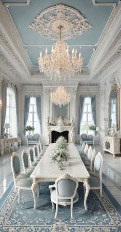 an elegant dining room with chandelier and blue carpeted flooring is shown