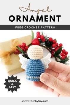 an angel crochet pattern is shown with the text, angel ornament free crochet pattern