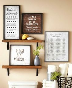 bathroom wall decor with toilet paper and towels on the shelf above it is a printable poem