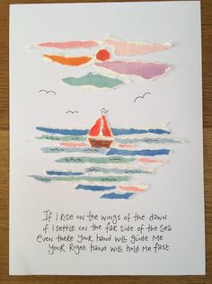 a handmade card with a boat on the water and an inspirational poem written in cursive writing