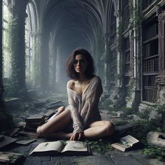 a woman is sitting on the floor in an abandoned building with books scattered around her