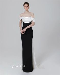 Simple High Quality Off-the-shoulder Sheath Formal Ocassion Gown Draped Sweep/Brush Skirts Charmeuse Elegant Dresses Evening Classy, Black And White Gown Elegant Classy, Black And White Dress Classy Elegant, Black Gown Elegant Classy, Black And White Dress Classy, High End Designer Fashion, Robes Glamour, Satin Dress Long, Elegant Dresses Classy