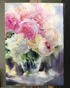 a painting of pink and white flowers in a vase on a easel next to an easel