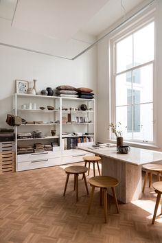 a kitchen with wooden floors and white walls