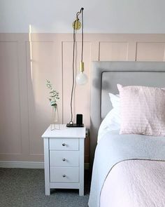 a bedroom with a bed, nightstand and two lamps on the side tables next to it