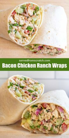 the chicken ranch wrap is cut in half and stacked on top of each other to show what's inside