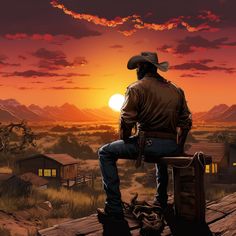 a man sitting on top of a wooden bench in front of a sunset and mountains