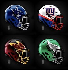 four football helmets with different colors on them