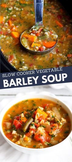 2-photo collage. Ladle scooping vegetable barley soup out of slow cooker. Soup in a white bowl. Crock Pot Vegan, Barley Soup Recipe, Vegetable Barley Soup, Soup Slow Cooker, Summer Crockpot, Vegan Slow Cooker Recipes, Vegan Crockpot Recipes, Vegetarian Slow Cooker Recipes, Vegan Crockpot