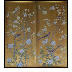 two panels with birds and flowers painted on them