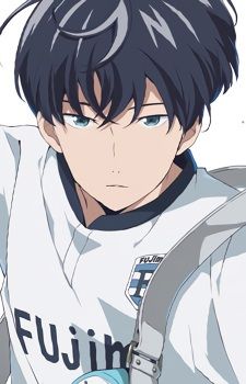 an anime character with black hair and blue eyes wearing a baseball uniform, looking at the camera