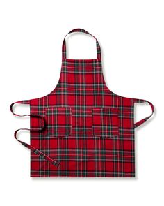 a red and black plaid apron with straps