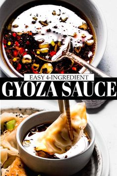 an image of a bowl of gyoza sauce with the title overlay reading easy 4 ingredient