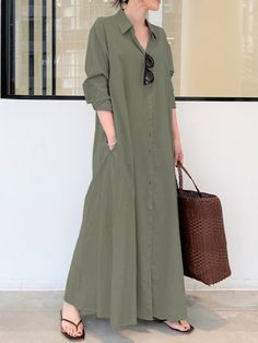 Original Solid Color Lapel Shirt Dress GREEN-3XL Mode Kimono, Spring Dresses Women, Womens Long Dresses, Dress Sleeve Length, Salwar Kamiz, Collared Shirt Dress, Maxi Shirts, Cotton Linen Dresses, Long Sleeve Casual Dress