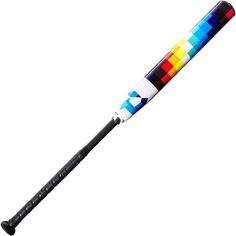 a multicolored baseball bat is shown on a white background