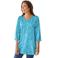 Stylish and soft v-neck tunic from our popular Perfect Tunic collection. Comfortable, relaxed fit ideal for everyday wear. Available in a wide range of stock-up worthy colors and gorgeous prints. Versatile 30" tunic length provides perfect coverage. Ideal for layering or wearing alone in any season. Solids: 100% cotton; Prints/Heathers: cotton/poly blend for durability and comfort. Easy care – simply machine wash and wear. Imported Clothing Industry, Tie Dye Women, Flared Sleeves Top, Woman Within, Loose Fitting Tops, Swimsuits For All, Tunic Length, Comfortable Outfits, Three Quarter Sleeves