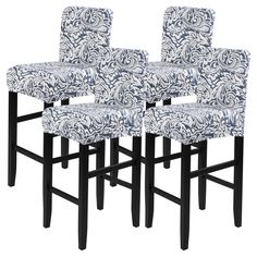 set of four blue and white patterned bar stools