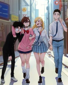 three anime characters are walking down the street