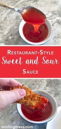 a person dipping sauce on top of some food in a white bowl and another image with the words restaurant - style sweet and sour sauce