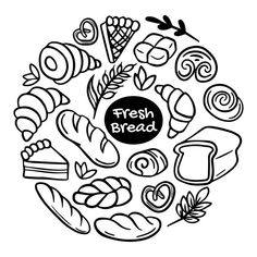 a black and white drawing of fresh bread in a circle with the words fresh bread