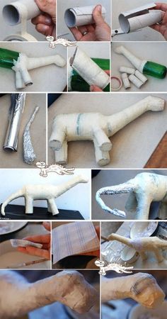 there are many pictures of different things made out of clay and plastic pipes that look like animals