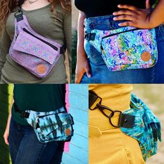 four different types of fanny purses with glasses on the bottom and one in front