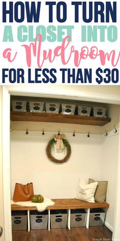 a mudroom with baskets and bins on the floor