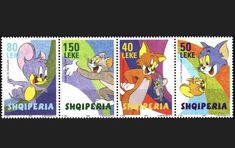 three stamps with cartoon characters on them