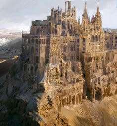 an artistic painting of a castle on top of a mountain