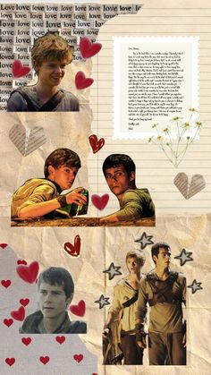 the collage has many different pictures and words on it, including one with hearts