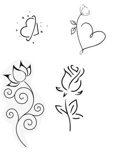 three different tattoos with hearts, flowers and stars on the top one is drawn in black ink