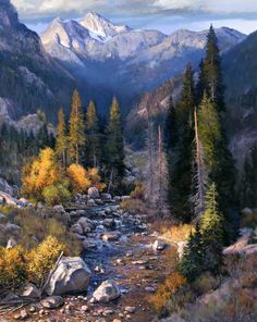 a painting of a mountain stream surrounded by trees