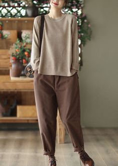 Coffee Slim Cotton Harem Pants Elastic Waist Solid FallFabric: Cotton BlendedSize & Fit: This garment fits true to size.Length: Size 2XL measures 35.1"from waist to hem.Waist:Fitted - elastic waist allows stretch Hip: Loosely Fitted. room for hips. Hand Wash Cold. Baggy Brown Pants For Fall, Brown Relaxed Fit Pants For Winter, Winter Brown Relaxed Fit Pants, Relaxed Fit Brown Bottoms For Fall, Non-stretch Tapered Leg Brown Pants, Cotton Harem Pants, Spring Maxi Dress, Spring Blouses, Pants Elastic Waist