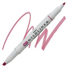 a pink marker with the word'm'on it, next to some pink crayo